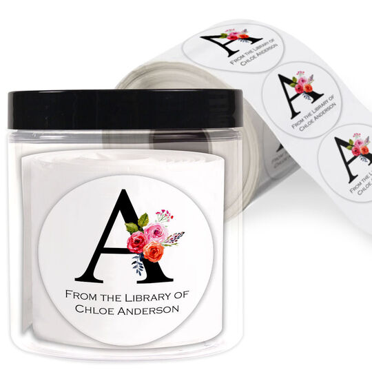 White Floral Bunch Initial Library Round Stickers in a Jar